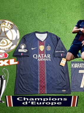 Nike PSG Khvicha Kvaratskhelia #7 2025/2026 Home Blue Jersey UCL Patches New XXL